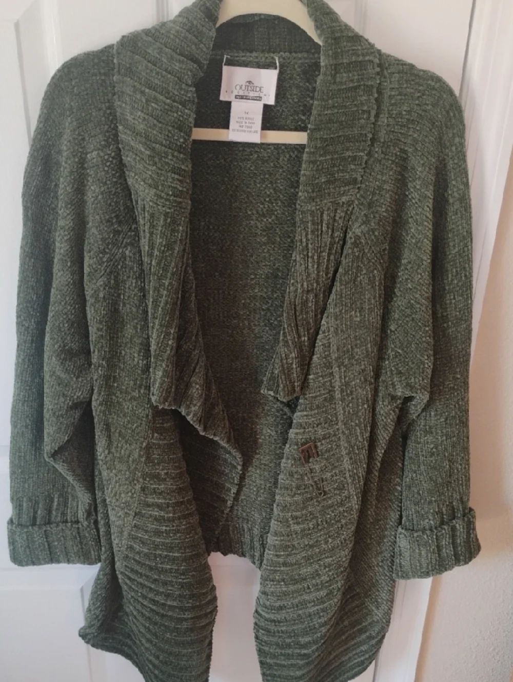 Stan Herman Outside Editions Marled Knit open-front duster cardigan in olive 1X - Picture 3 of 6